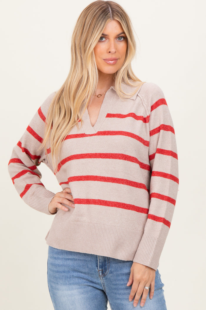 Beige Striped Oversized Polo Maternity Sweater
