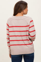 Beige Striped Oversized Polo Maternity Sweater