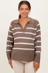Brown Striped Oversized Polo Maternity Sweater