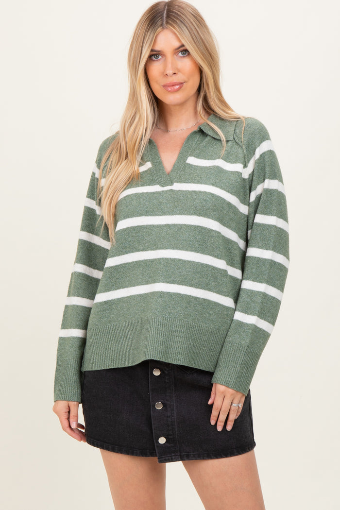 Light Olive Striped Oversized Polo Maternity Sweater
