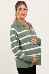 Light Olive Striped Oversized Polo Maternity Sweater