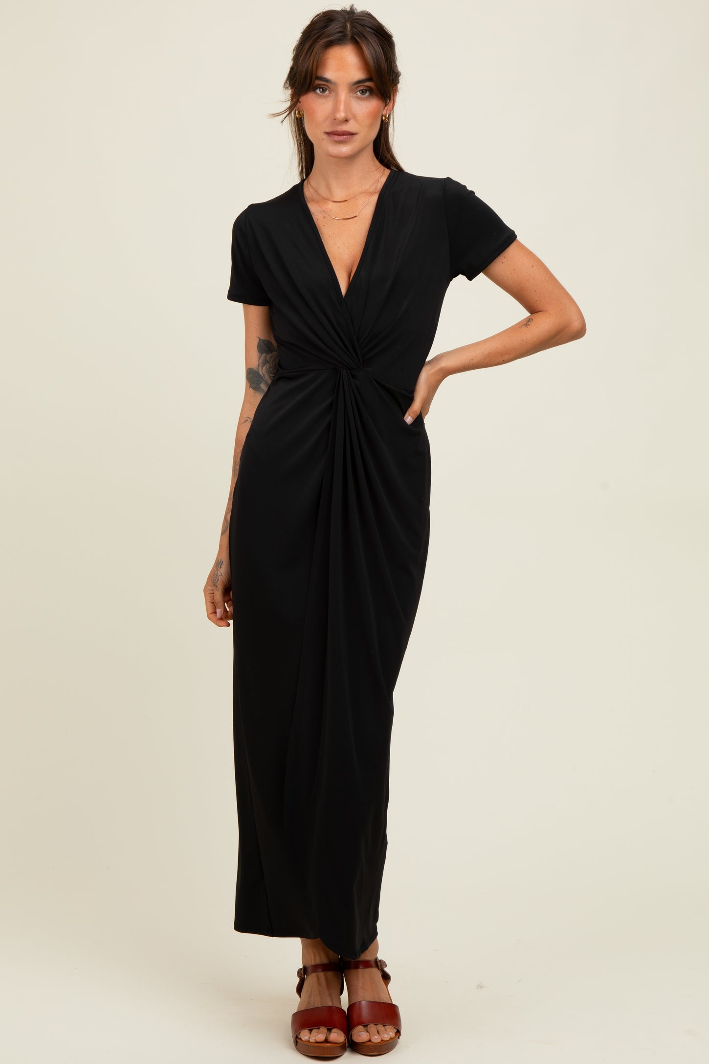 Black Gathered Front Short Sleeve Maxi Dress