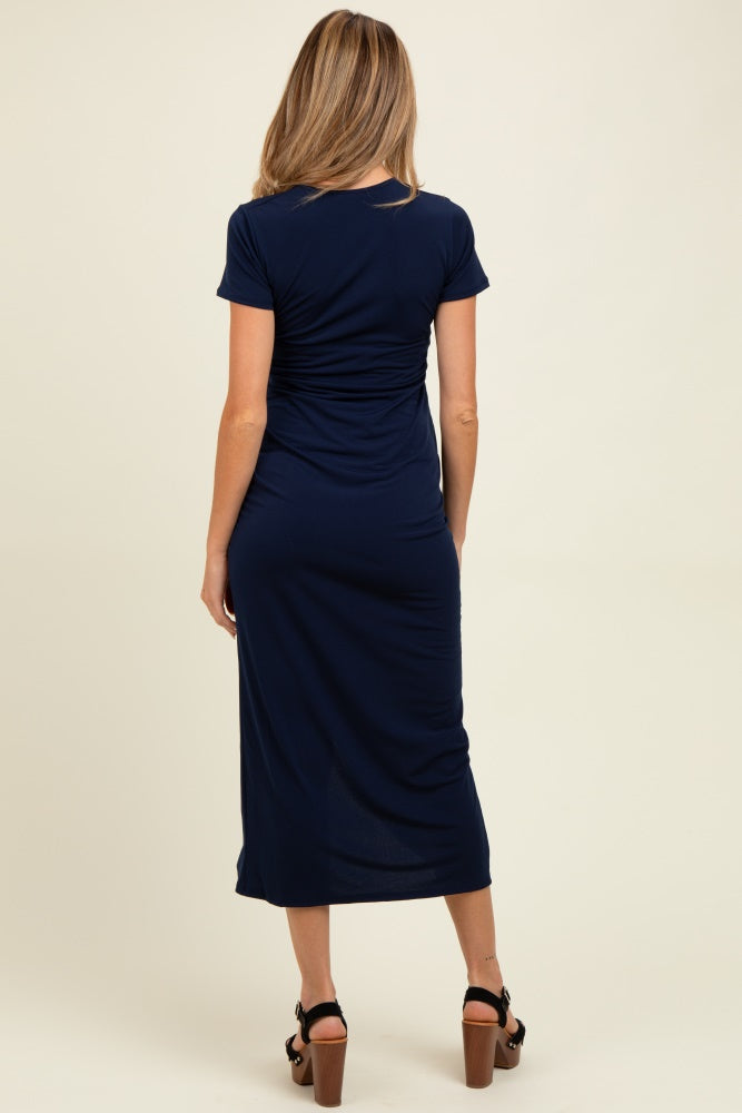 Navy Gathered Front Short Sleeve Maternity Maxi Dress