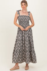 Light Olive Floral Shoulder Tie Maxi Dress
