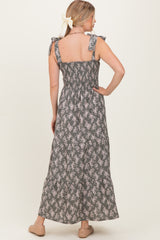Light Olive Floral Shoulder Tie Maxi Dress