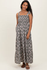 Light Olive Floral Shoulder Tie Maternity Maxi Dress
