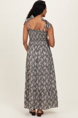 Light Olive Floral Shoulder Tie Maternity Maxi Dress