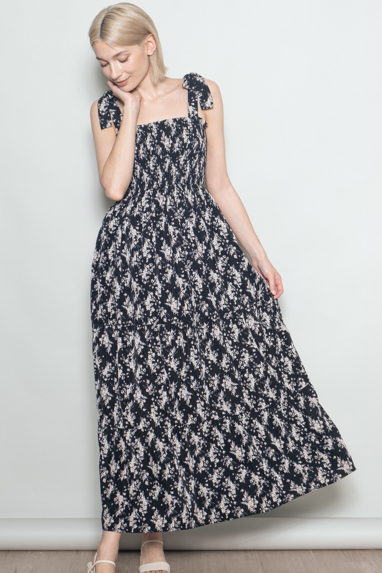 Black Floral Shoulder Tie Maxi Dress