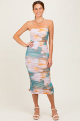 Jade Floral Mesh Ruched Crisscross Back Midi Dress