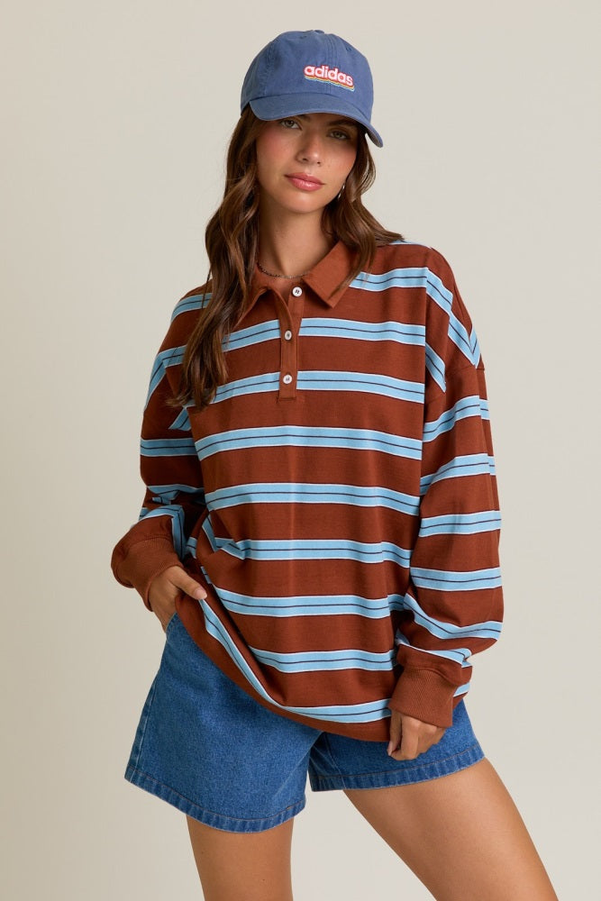 Brown Striped Oversized Long Sleeve Polo Top
