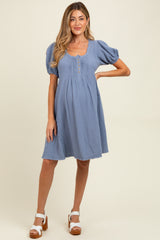 Blue Pintuck Detailed Cotton Double Gauze Maternity Mini Dress