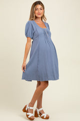Blue Pintuck Detailed Cotton Double Gauze Maternity Mini Dress