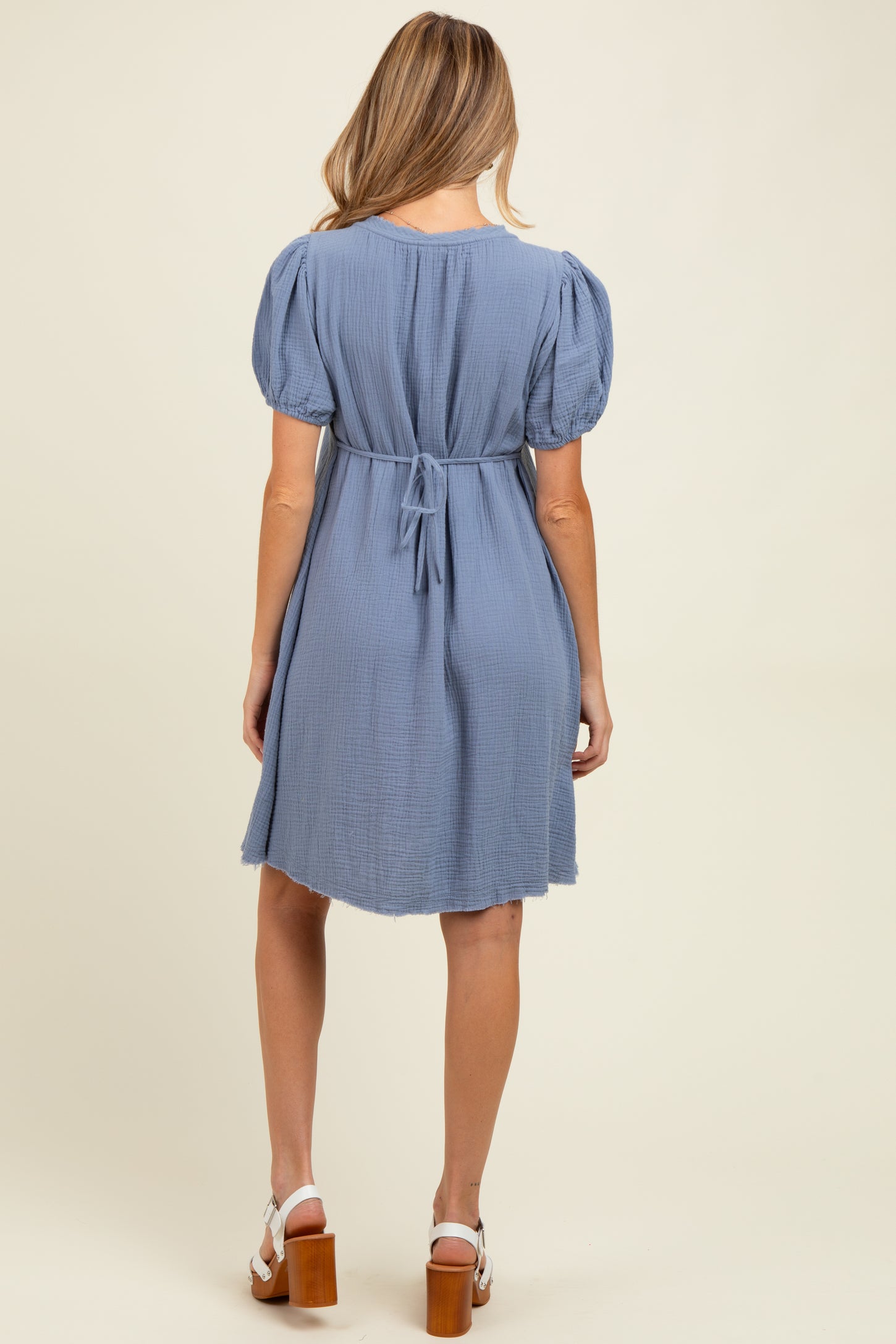 Blue Pintuck Detailed Cotton Double Gauze Maternity Mini Dress