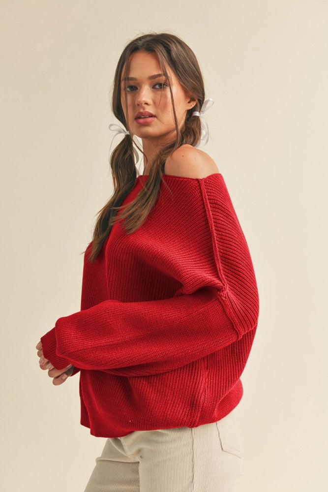 Red Balloon Sleeve Boat Neck Knit Sweater
