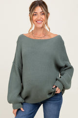 Olive Balloon Sleeve Boat Neck Knit Maternity Sweater