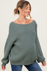 Olive Balloon Sleeve Boat Neck Knit Maternity Sweater