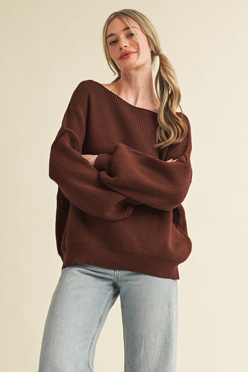 Brown Balloon Sleeve Boat Neck Knit Sweater
