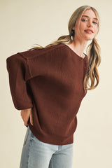 Brown Balloon Sleeve Boat Neck Knit Sweater