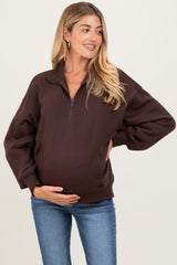 Brown French Terry Quarter Zip Maternity Pullover