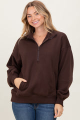 Brown French Terry Quarter Zip Maternity Pullover