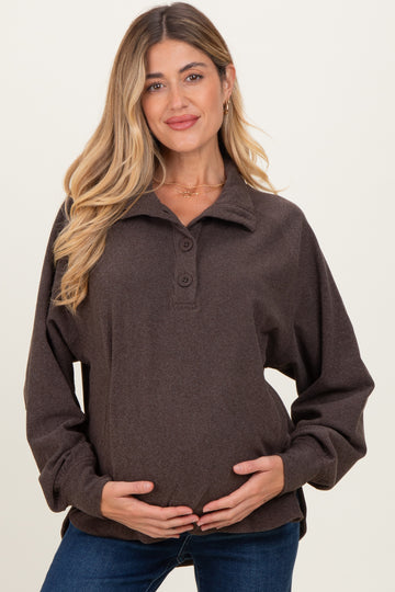 Brown Brushed Knit Button Collar Maternity Pullover