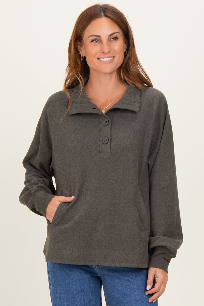 Forest Green Brushed Knit Button Collar Maternity Pullover