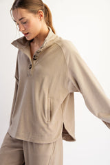 Taupe Brushed Knit Button Collar Pullover