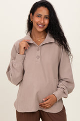 Taupe Brushed Knit Button Collar Maternity Pullover
