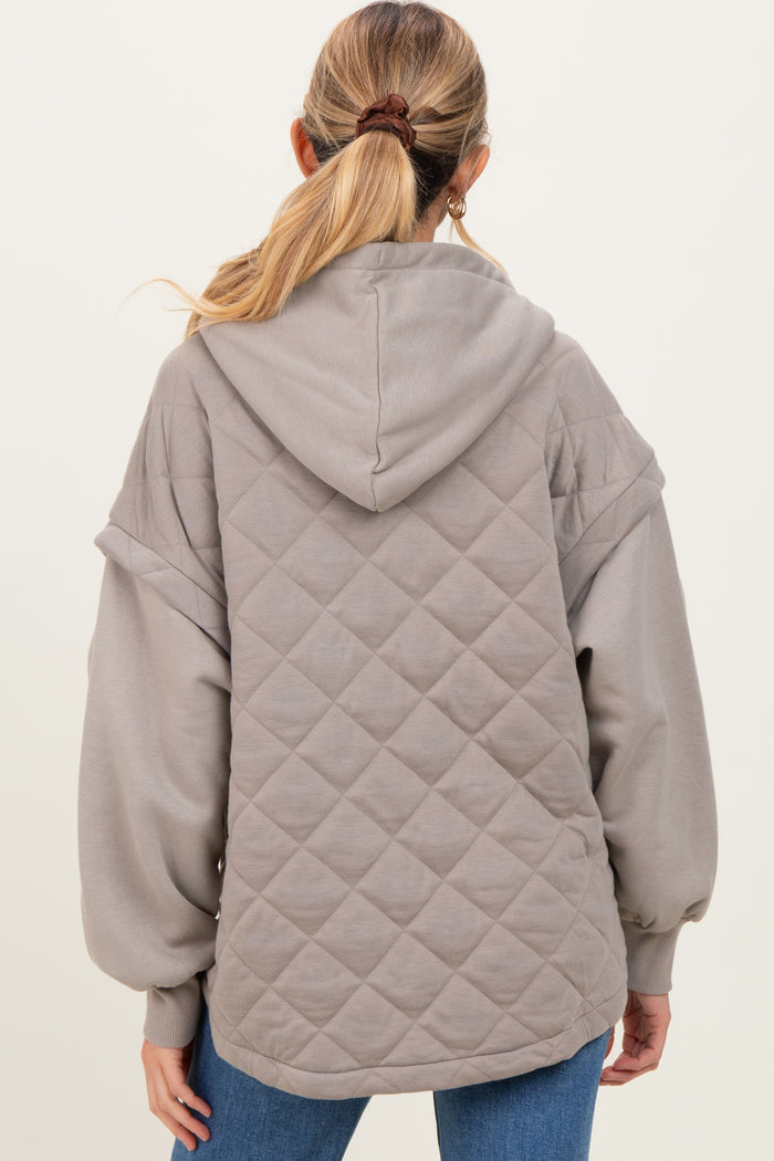Taupe Quilted Contrast Maternity Button Hoodie