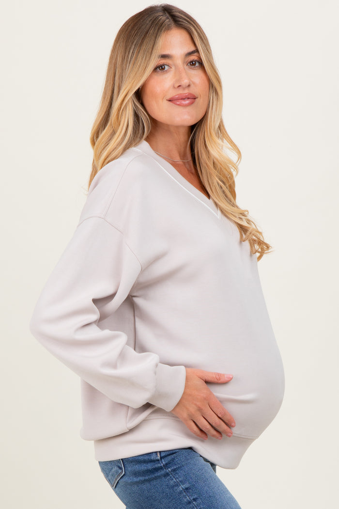 Beige V-Neck Maternity Sweatshirt