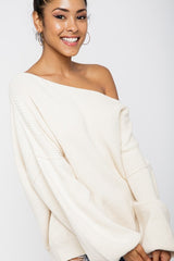 Cream Balloon Sleeve Boat Neck Knit Sweater