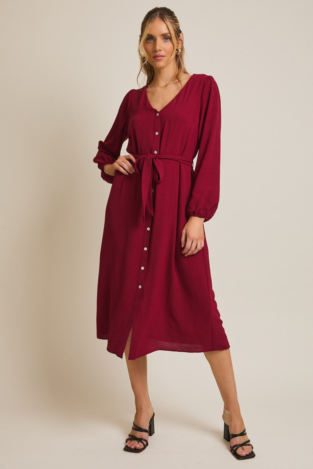 Burgundy V Neck Long Sleeve Button Down Midi Dress