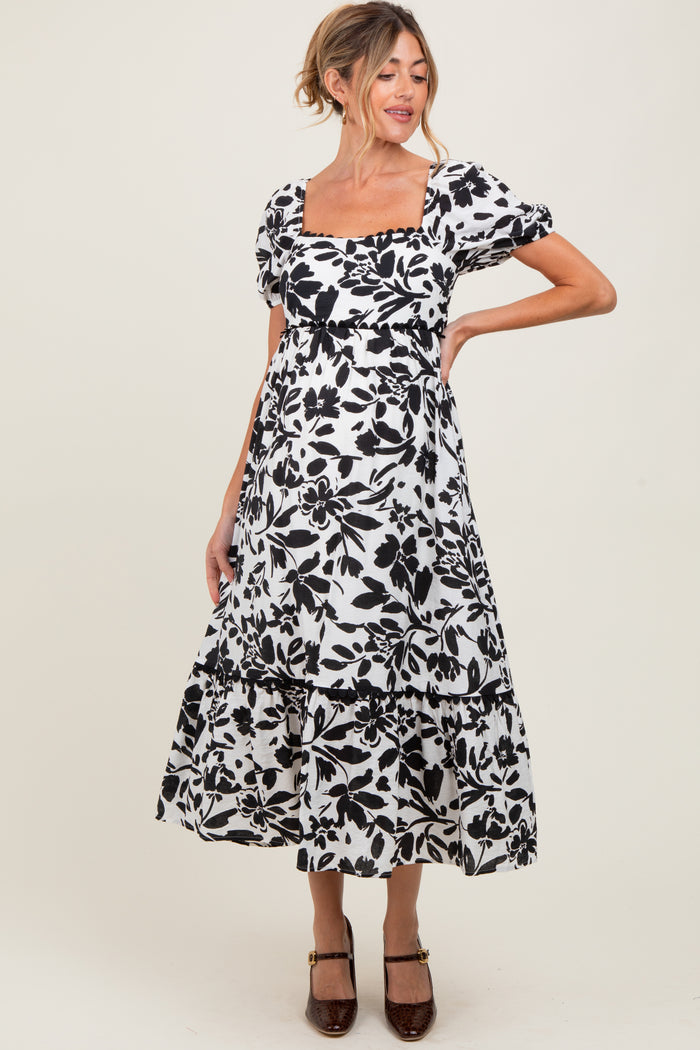 Black Floral Scallop Trim Puff Sleeve Maternity Midi Dress