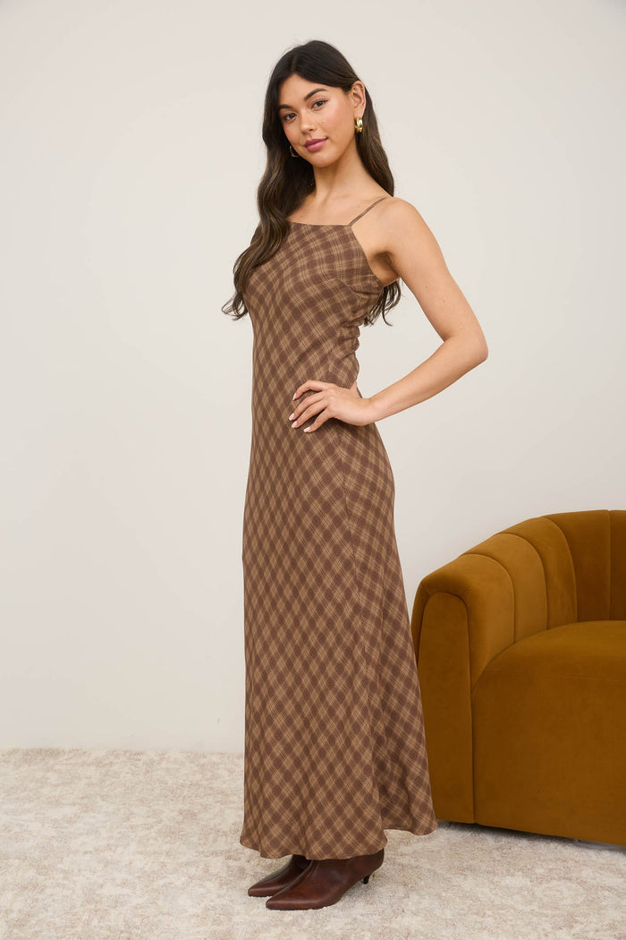 Brown Plaid Sleeveless Maxi Dress