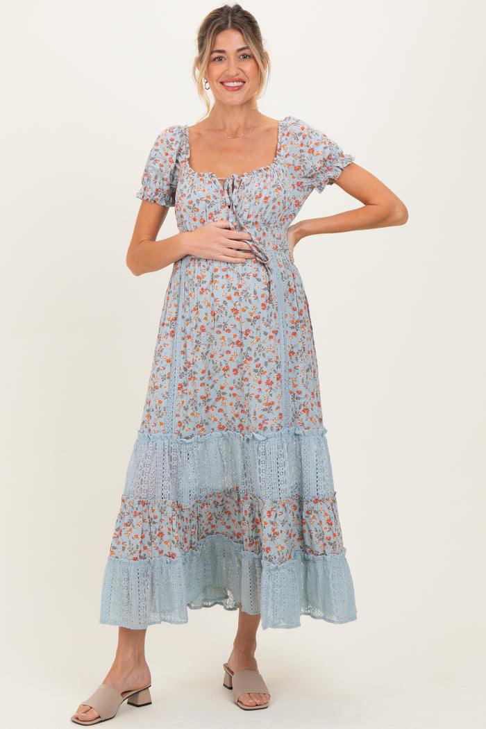 Light Blue Floral Lace Inset Puff Sleeve Maternity Maxi Dress
