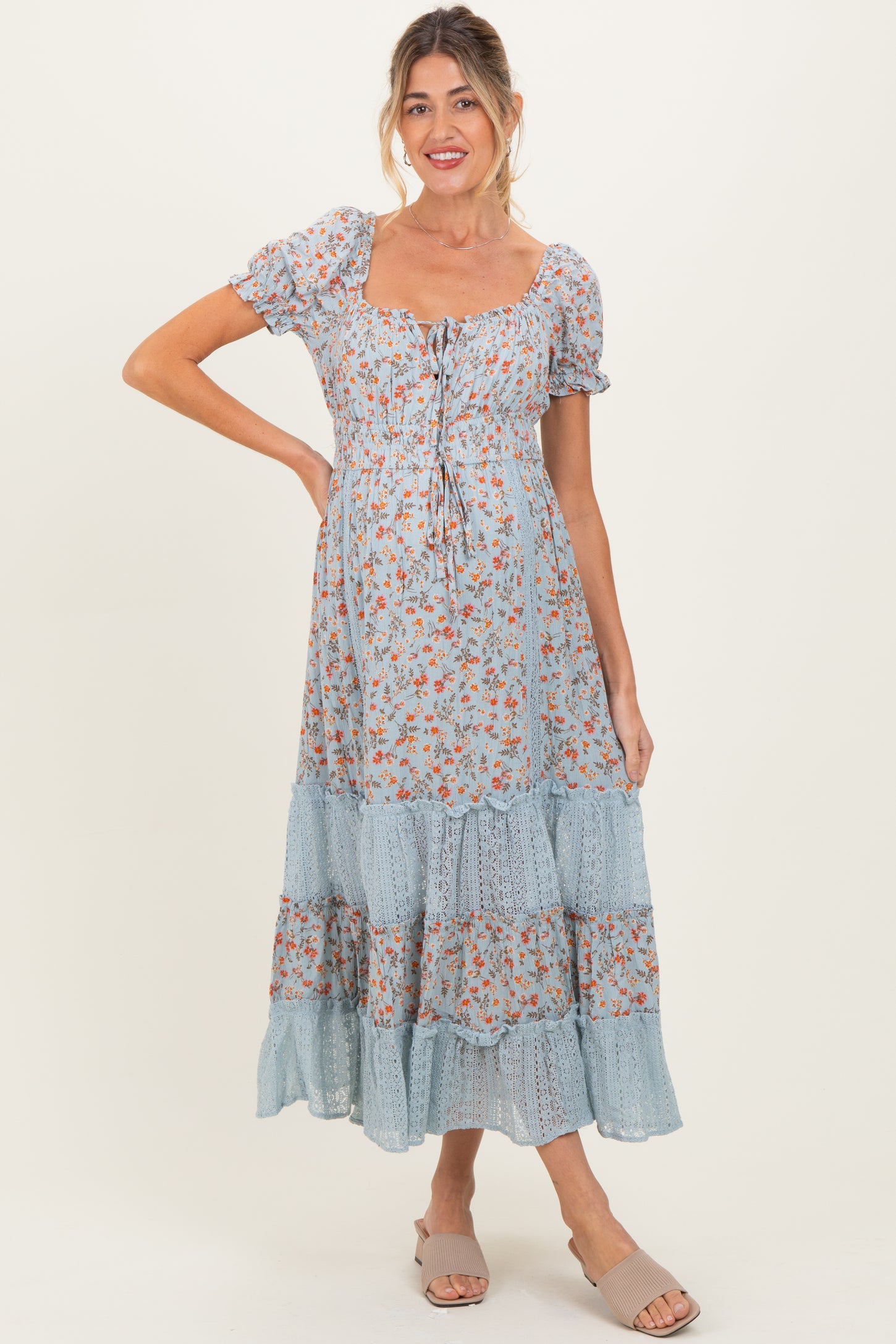 Light Blue Floral Lace Inset Puff Sleeve Maternity Maxi Dress