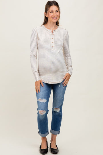 Cream Mixed Print Maternity Henley Long Sleeve Top