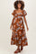 Brown Floral Sweetheart Puff Sleeve Maternity Midi Dress