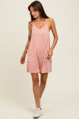 Mauve Solid Ribbed V-Neck Sleeveless Front Pocket Maternity Romper