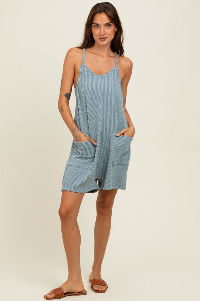 Light Blue Solid Ribbed V-Neck Sleeveless Front Pocket Maternity Romper