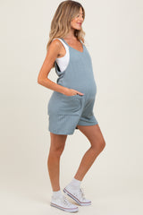 Light Blue Solid Ribbed V-Neck Sleeveless Front Pocket Maternity Romper