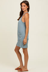 Light Blue Solid Ribbed V-Neck Sleeveless Front Pocket Romper