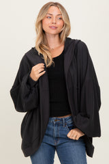 Black Solid Terry Long Dolam Sleeve Vintage Hoodie