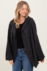 Black Solid Terry Long Dolam Sleeve Vintage Hoodie