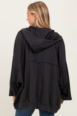 Black Solid Terry Long Dolam Sleeve Vintage Hoodie