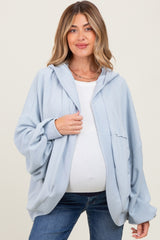 Light Blue Solid Terry Long Dolam Sleeve Vintage Maternity Hoodie