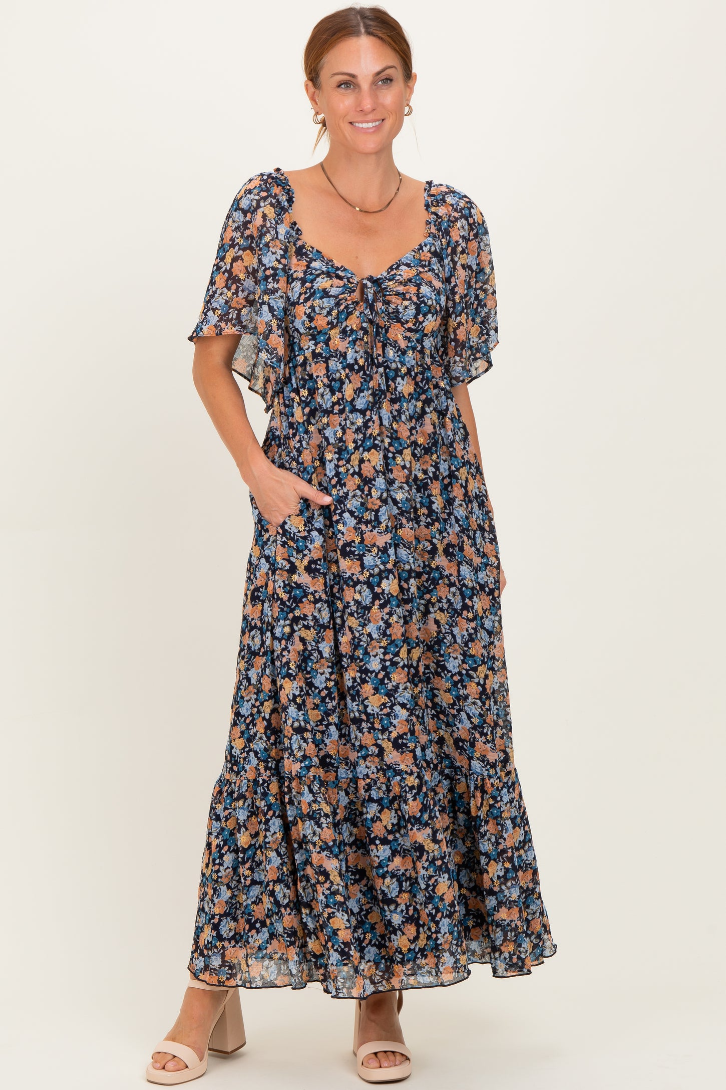 Navy Floral Sweetheart Neck Flutter Sleeve Maxi Dress