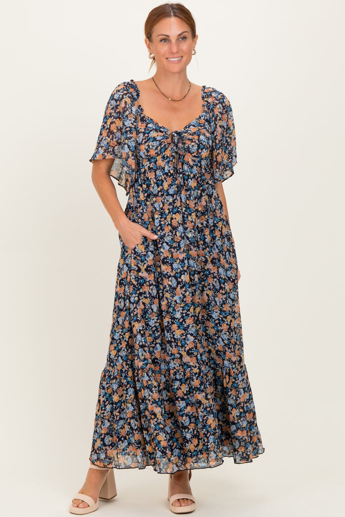 Navy Floral Sweetheart Neck Flutter Sleeve Maternity Maxi Dress