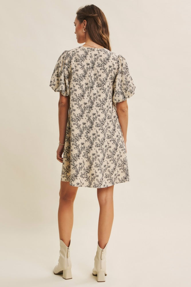 Cream Textured Floral Bubble Sleeve A-Line Mini Dress
