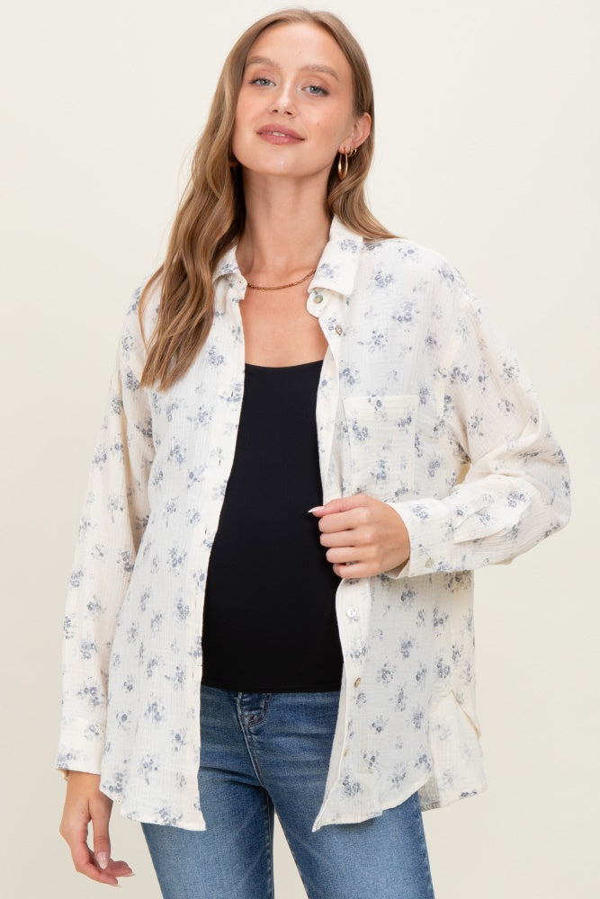 Blue Floral Cotton Gauze Oversized Button-Down Maternity Shirt